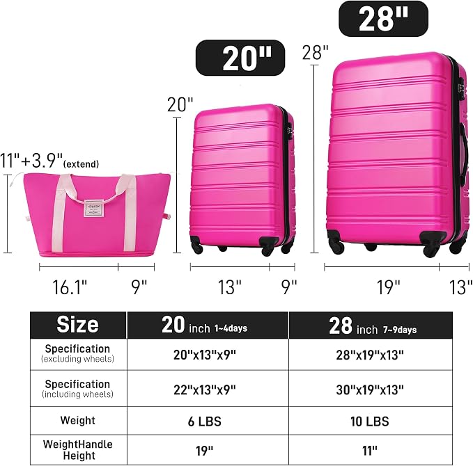Merax Luggage sets of 3 Piece 20 28 IN Carry on Luggage Hard Case Pink Luggage - Image 6