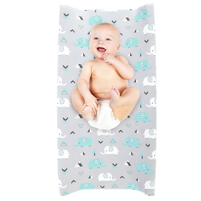 Stretchy Changing Pad Covers for Boys Girls, 2 Pack Jersey Knit, Elephant & - Image 8