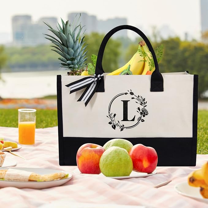 TOPDesign Personalized Initial Jute/Canvas Beach Bag, Monogrammed Gift Tote Bag - Image 3