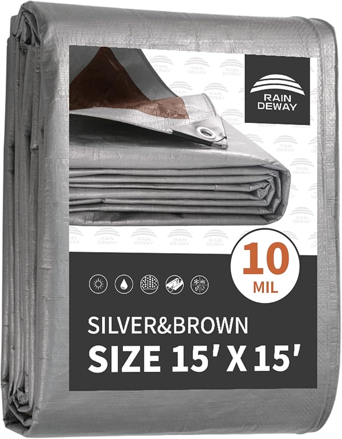 RAINDEWAY Tarps Heavy Duty Waterproof 15x15 Feet, 10Mil Multipurpose Poly Tarp by RAINDEWAY