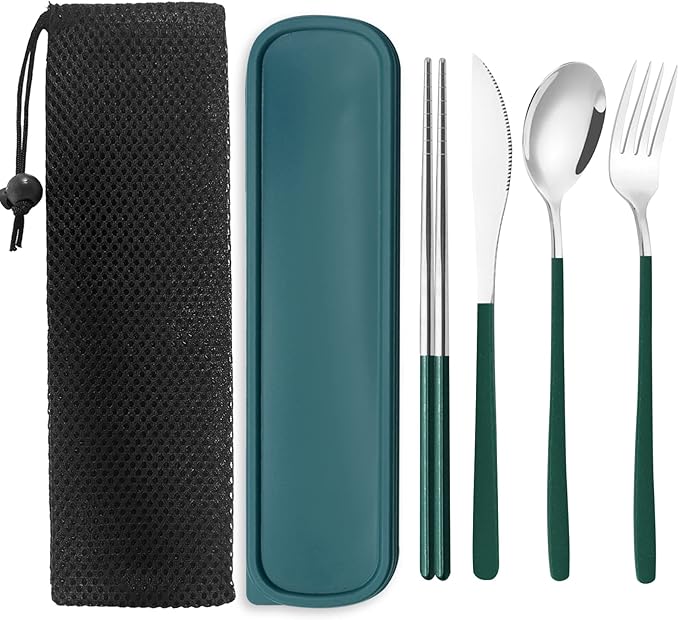 Portable Travel Camping Cutlery Set, TWUTGAYW Silver Green Reusable Flatware by TWUTGAYW