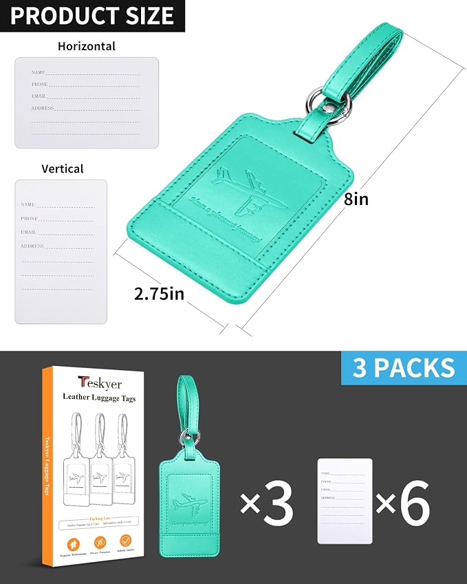 Teskyer Luggage Tags, 3 Pack Premium PU Leather Luggage Tags Privacy Protection - Image 7