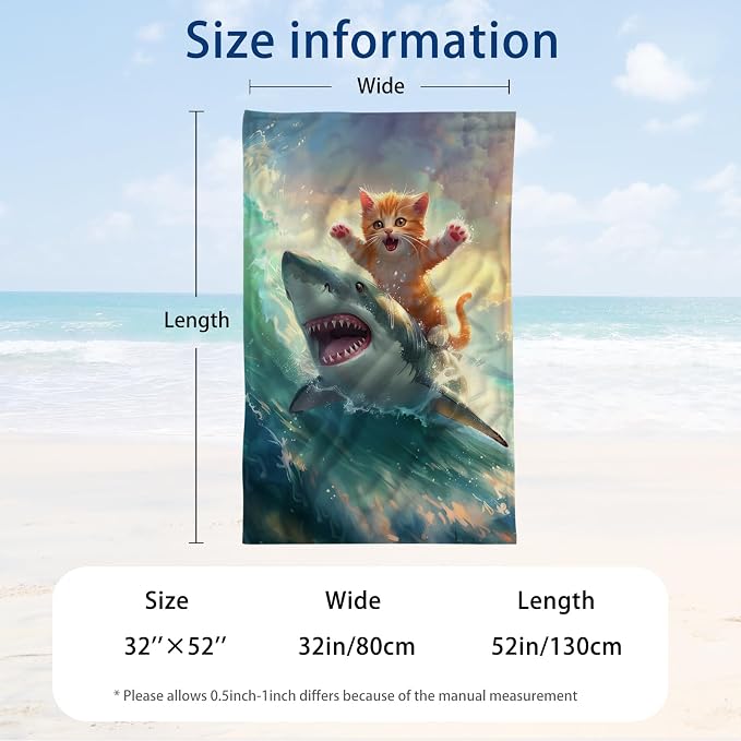 WZOMT Cute Cat Beach Towel, Microfiber Shark Beach Towel, Funny Cat Ride Shark - Image 3