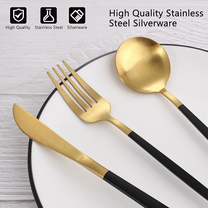 Matte Black Gold Silverware Set, 20-Piece Stainless Steel Flatware Set - Image 4