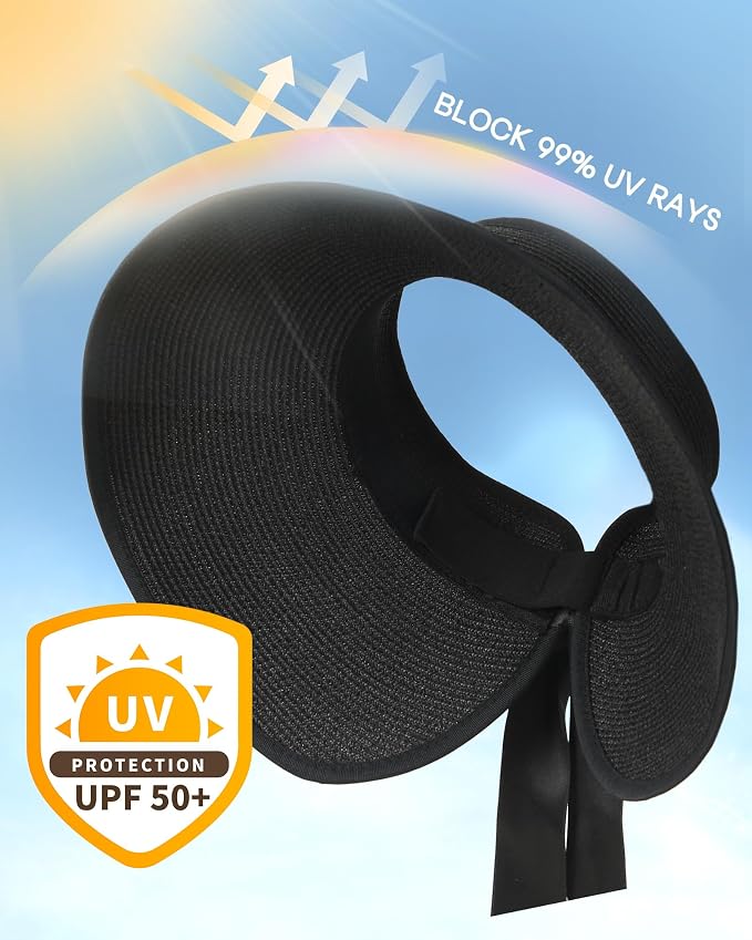 Camptrace Sun Visors for Women Wide Brim Beach Hat Foldable Straw Visor Hat - Image 2