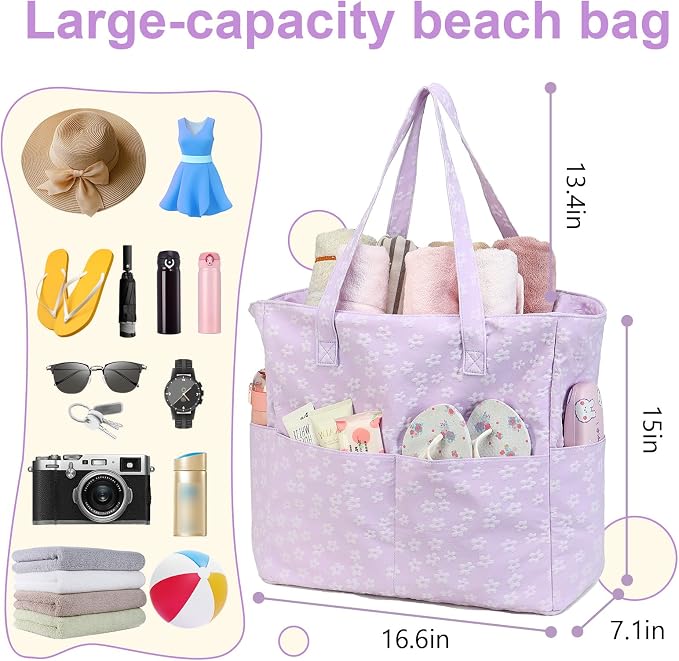 LEDAOU Large Beach Tote Bag Women Waterproof Sandproof Zipper Beach Tote Bag - Image 6