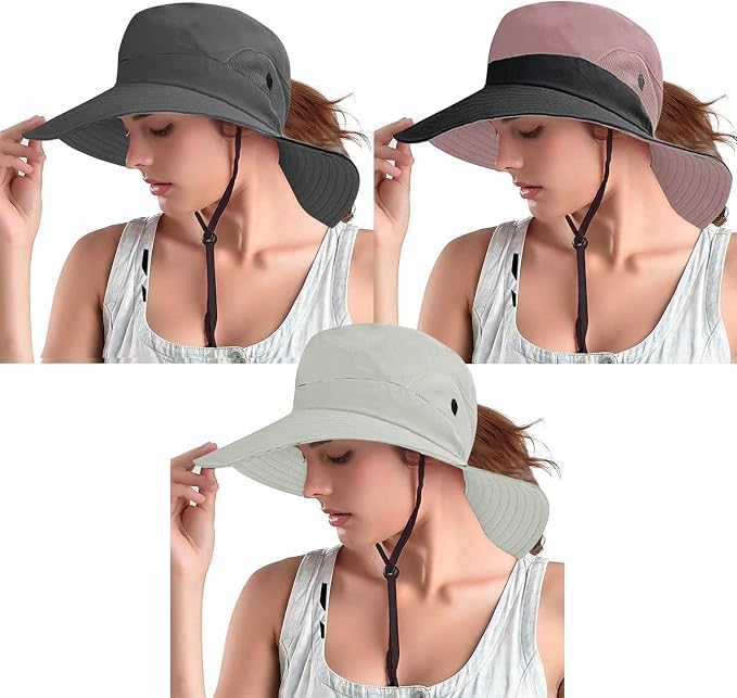 Rosoz Ponytail Sun Bucket Hats for Women UV Protection Foldable Mesh Wide Brim by Rosoz