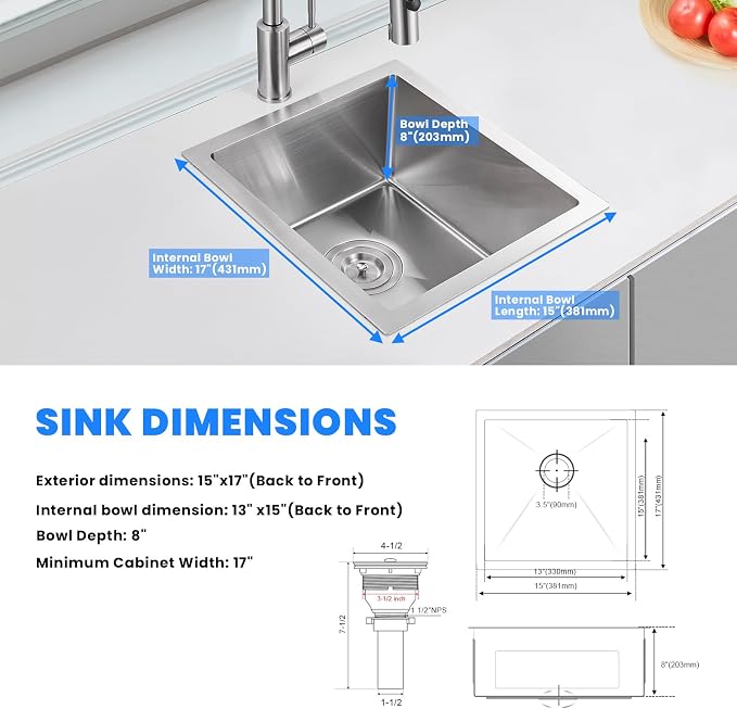 POPFLY 15x17 Inch Undermount Bar Prep Sink, 15” Undermount Rectangle Kitchen - Image 7