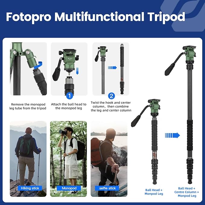 Fotopro 59" Carbon Fiber Travel Tripod, Compact Video Tripods - Image 5