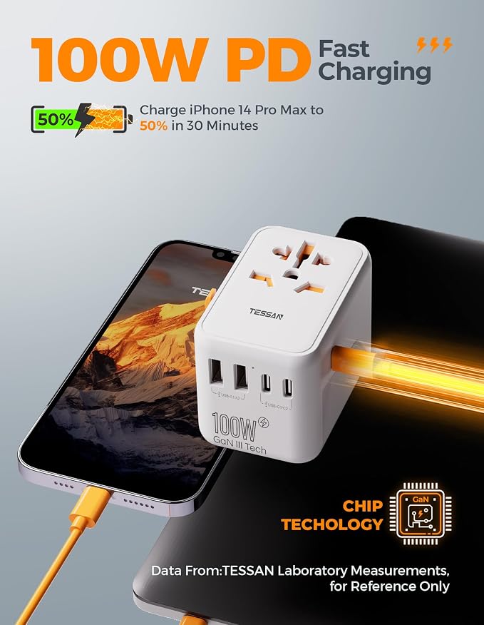 TESSAN Universal Travel Adapter 100W GaN, International Power Adapter - Image 7