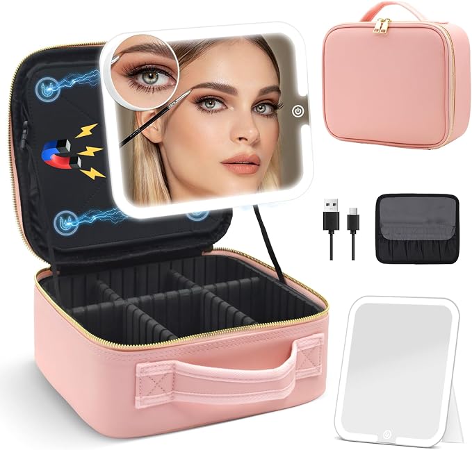 Travel Makeup Bag with Magnetic Removable Lighted Mirror, Cosmetic Bag by Jadazror