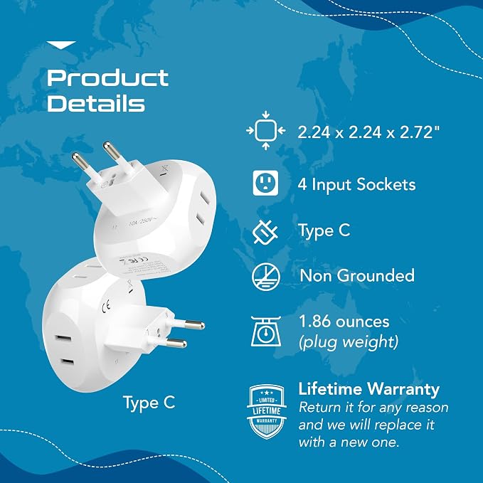 Ceptics European Travel Plug Adapter Europe Power Adaptor Charger 4 Input - Image 8