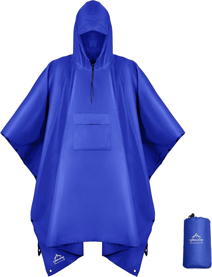 Coralrain Hooded Rain Poncho Lightweight Waterproof Unisex Raincoat Jacket by Coralrain