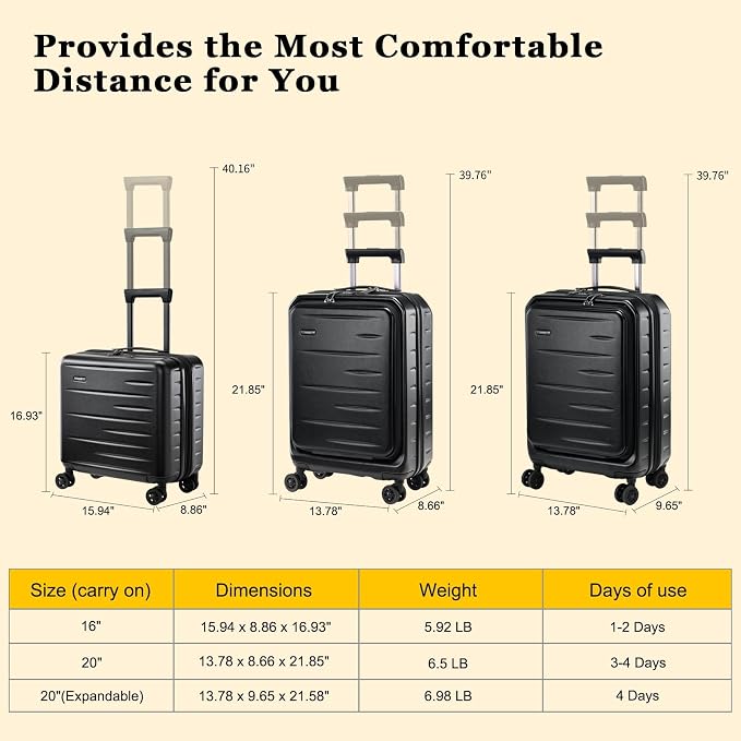 16 Inch Carry On Luggage Airline Approved, Expandable Lightweight ABS+PC Hard - Image 9
