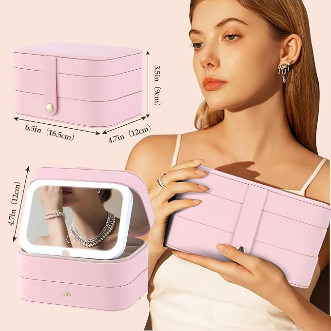 Travel Jewelry Case with LED Lighted Mirror, Personalized Birthday Gifts - Image 5