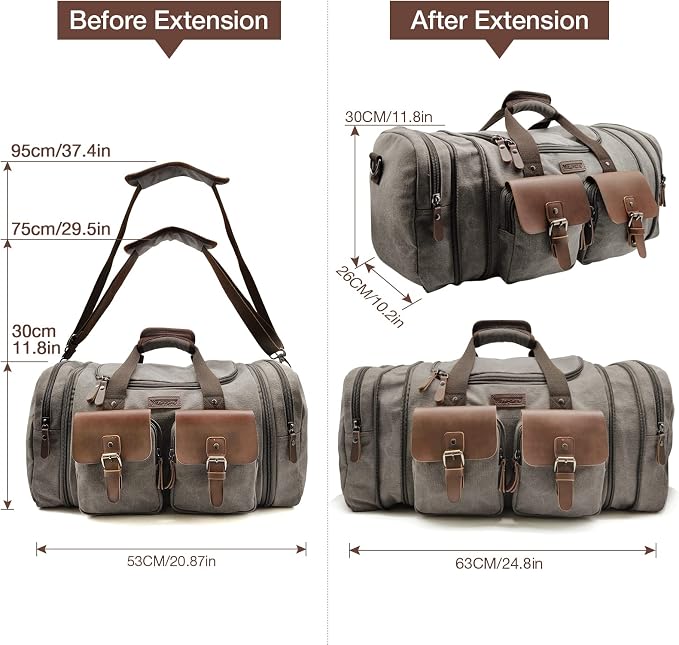 Wildroad 50L Travel Duffel Bag, Expandable Canvas Genuine Leather Duffle Bag - Image 7