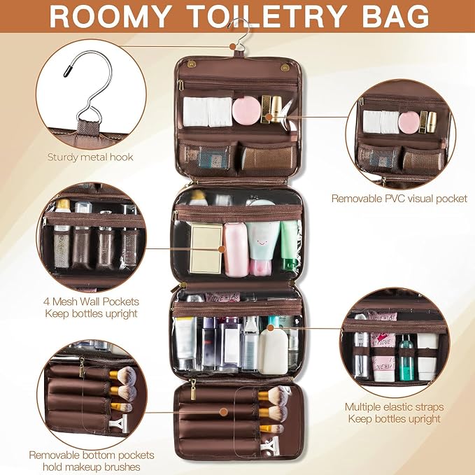 Elviros Hanging Toiletry Bag Removable Travel Bag PU leather Makeup Cosmetic - Image 4