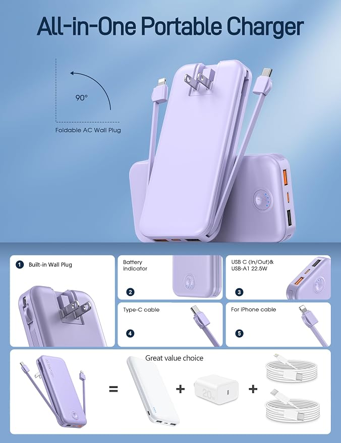 Portable Charger with Built in Cable and AC Wall Plug, USB C Power Bank - Image 2