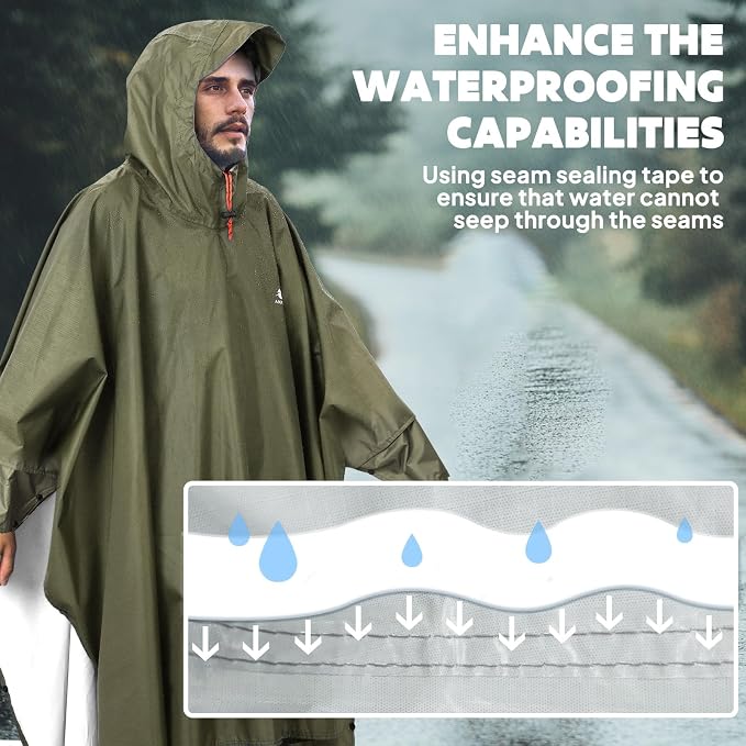 ANYOO Hooded Rain Poncho for Adults Waterproof Lightweight Rain Coat for Men - Image 5