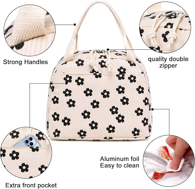 Bluboon Lunch Bag for Women Men Cute Corduroy Lunch Tote Bags Reusable - Image 5