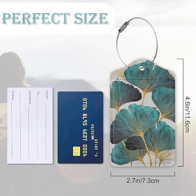 2 Pack Luggage Tag for Suitcases Green Ginkgo Leaf PU Leather Bag Travel - Image 3