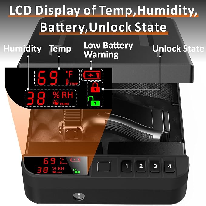 Portable Gun Pistol Safe with LCD Display of Temp, Biometric Fingerprint - Image 4