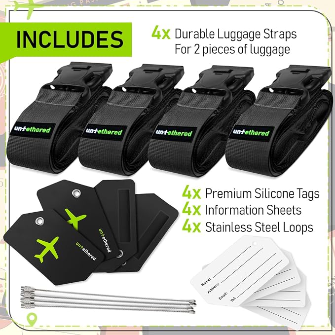 Untethered Ultimate Travel Set: 4 Premium Luggage Straps and 4 Silicone Tags - Image 3