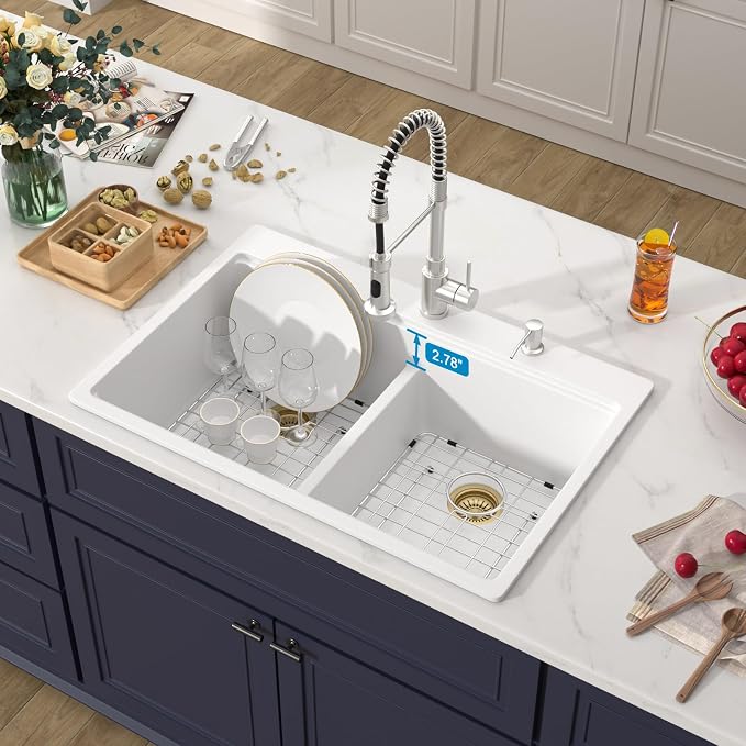 33 Inch Quartz Drop In White Kitchen Sink-Donsdey Double Bowl Topmount Granite - Image 3
