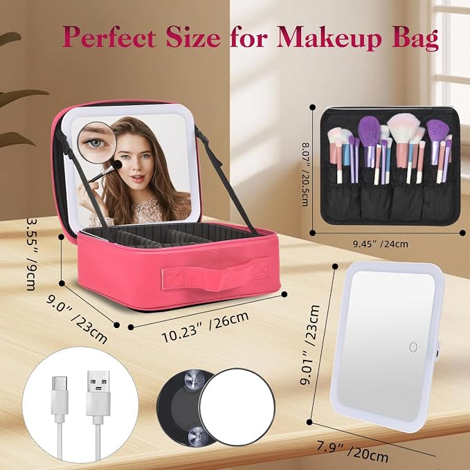 Travel Makeup Bag With LED Mirror, Cosmetic Train Case with 3 Color Setting - Image 3