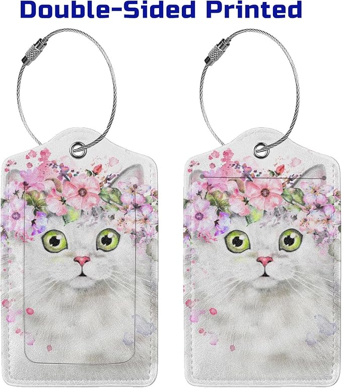 2 Pcs Cute White Cat with Pink Flowers Pattern Leather Luggage Tags, Funny - Image 4