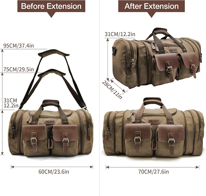 Wildroad 60L Travel Duffel Bag, Expandable Canvas Genuine Leather Duffle Bag - Image 7