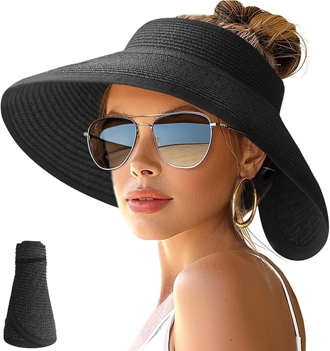 NPJY Sun Hats for Women Wide Brim Roll-Up Beach Ponytail Hat Packable Foldable by Unknown