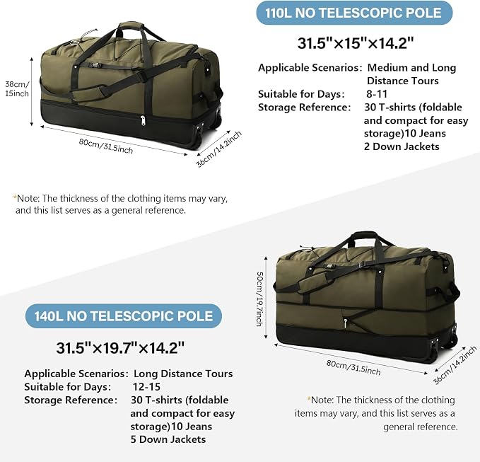 Rolling Duffle Bag with Wheels, 110L/140L Expandable Soft-Sided Foldable Duffle - Image 3