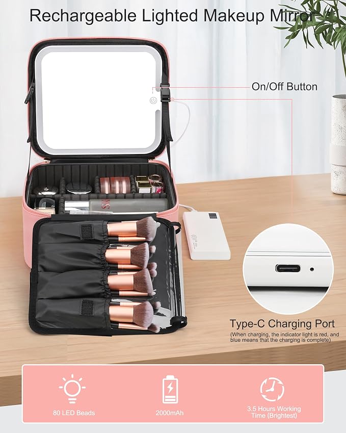 Relavel Makeup Bag with Light Up Mirror, Makeup Case Travel Cosmetic Bags Brush - Image 9