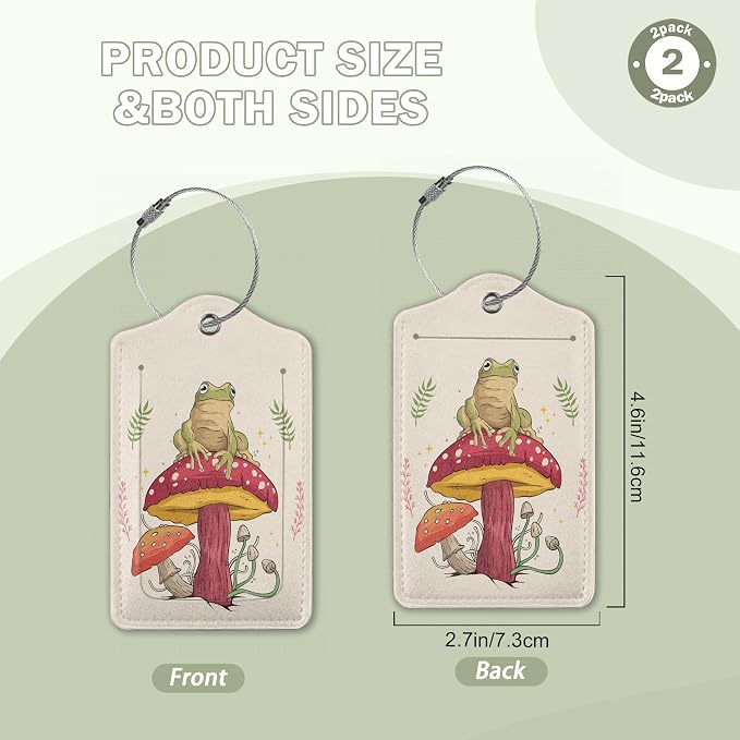 2 Pack Luggage Tags for Suitcase, Frog Sitting On Mushroom Leather Luggage Tag - Image 2