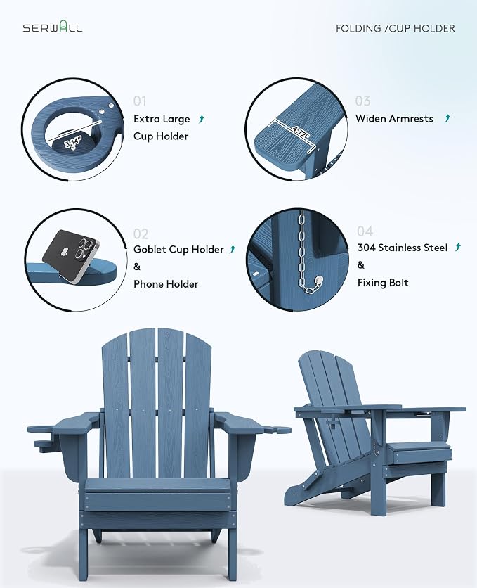 SERWALL Folding Adirondack Chair, HDPE Adirondack Chairs Set of 2, Plastic - Image 8