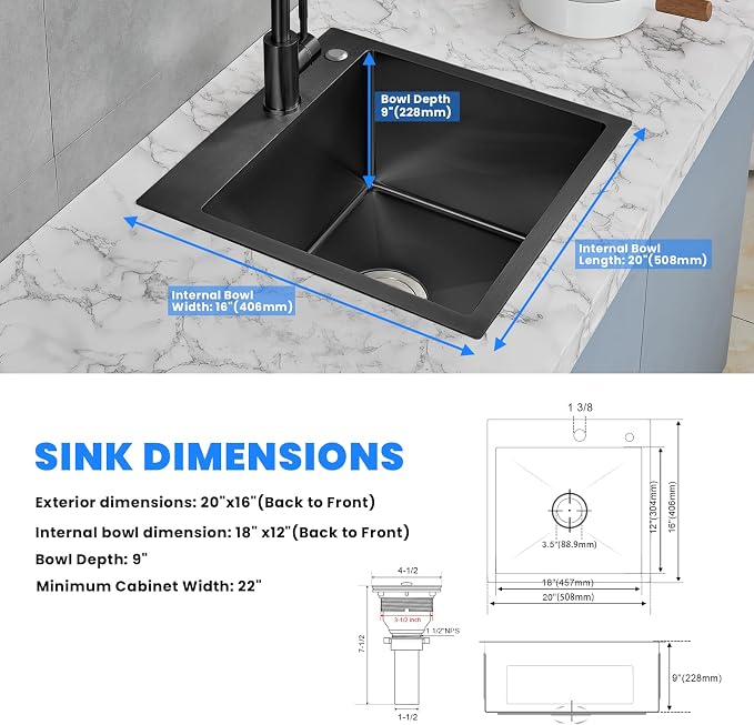 POPFLY 20 Inch Kitchen Sink, 18 Gauge 304 Stainless Steel Single Bowl Drop In - Image 7