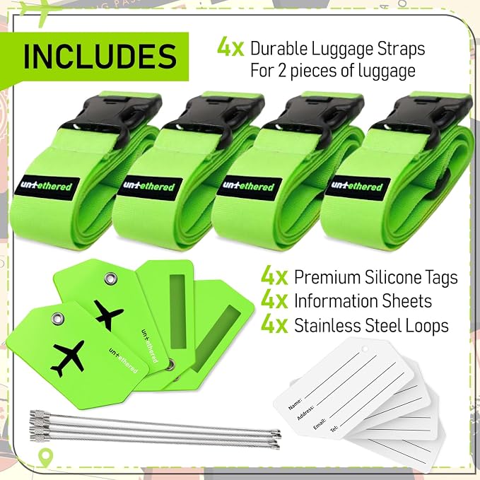 Untethered Ultimate Travel Set: 4 Premium Luggage Straps and 4 Silicone Tags - Image 3
