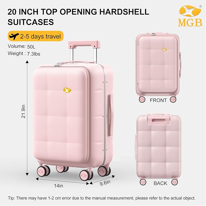 MGB 20 Inch Top Open Carry On Luggage 22x14x9 Airline Approved, 100% PC Hard - Image 3