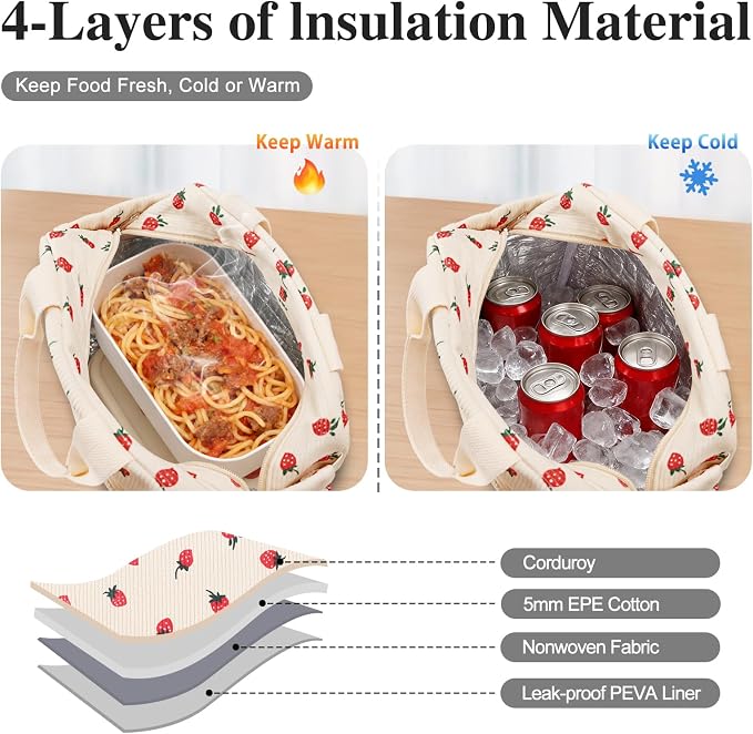 Lunch Bag Lunch Box for Women Adults Men, Cute Strawberry Corduroy Insulated - Image 4