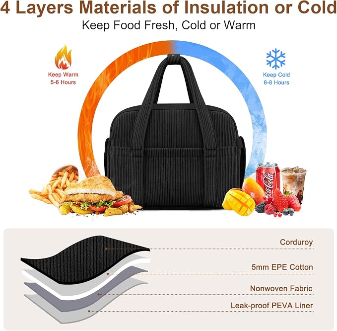Corduroy Lunch Box Lunch Bag for Women Men, Cute Strawberry Small Insulated - Image 3