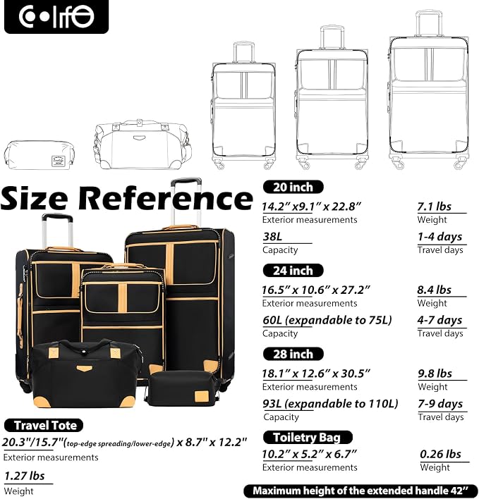 Coolife Luggage 5 Piece Set Suitcase Expandable TSA lock spinner softshell - Image 7