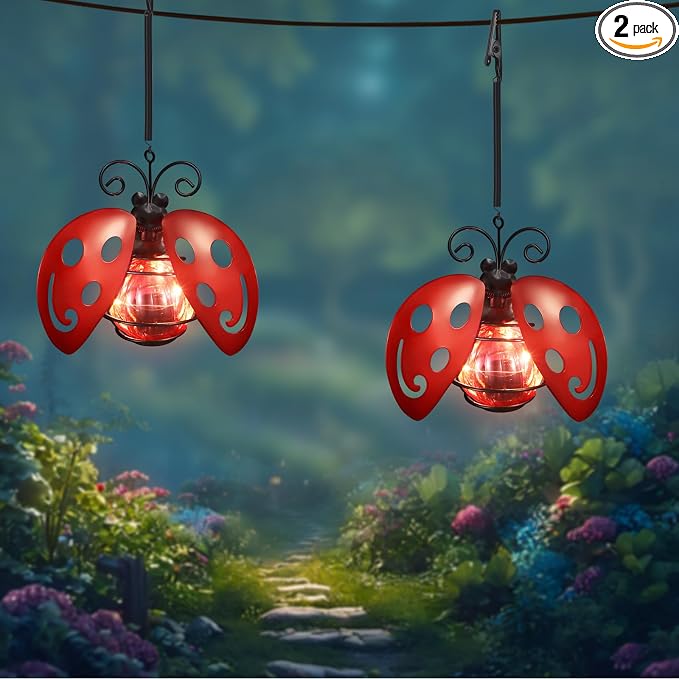2 Pack Lady Bug Solar Outdoor Hanging Lantern Creative Small Sculpture Lights by Unknown