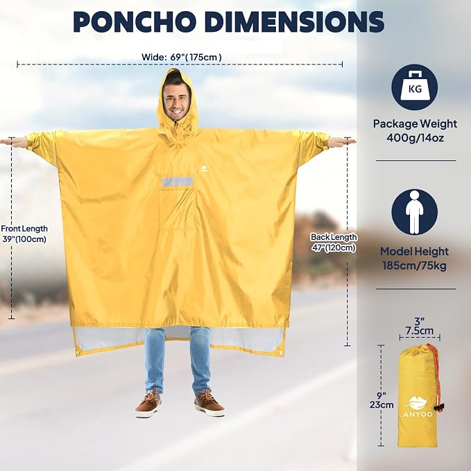 ANYOO Hooded Rain Poncho for Adults Waterproof Lightweight Rain Coat for Men - Image 2