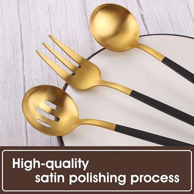 Matte Black Gold Serving Silverware Set, 5-Piece Round Shared Utensils Set of - Image 4