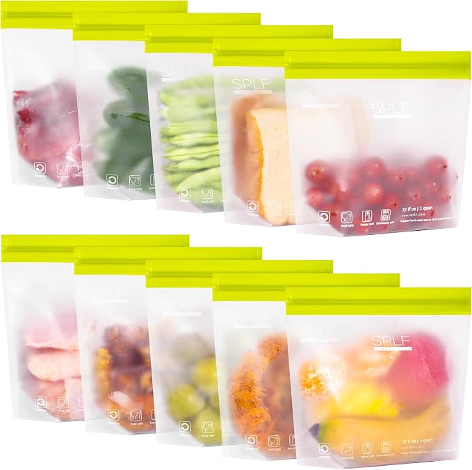 SPLF 10 Pack Stand-Up Reusable Quart Freezer Bags Dishwasher Safe, Extra Thick by SPLF