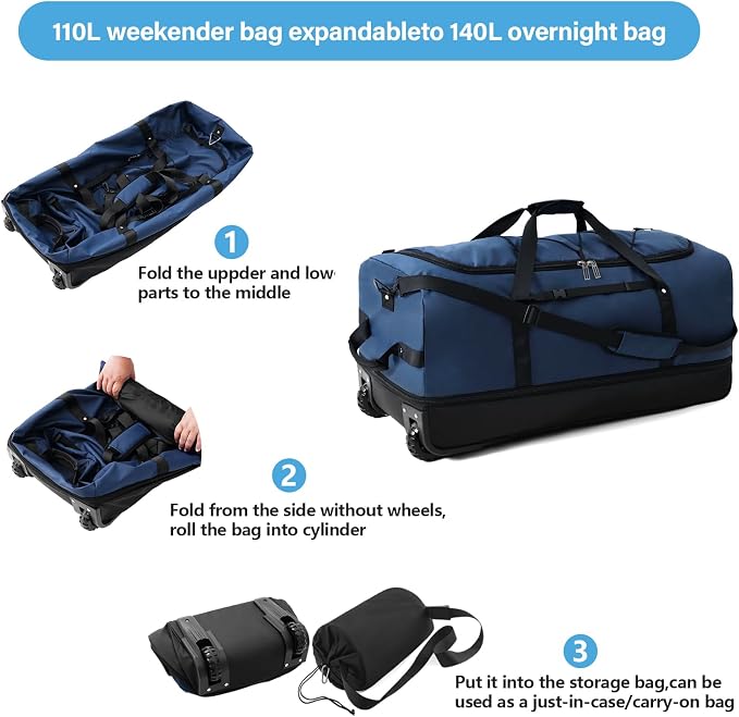 Vomgomfom Wheeled Collapsible Duffel Bag, 110L-140L Expandable Checked Luggage - Image 5