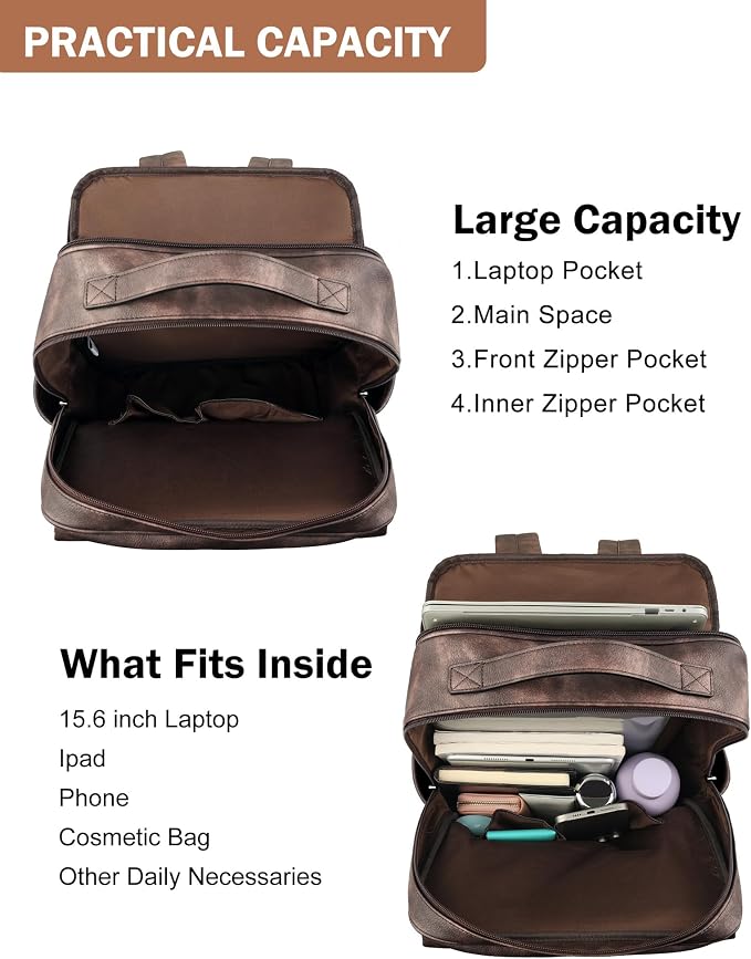 MASINTOR 15.6 inch PU Leather Laptop Backpack Purse - Image 3
