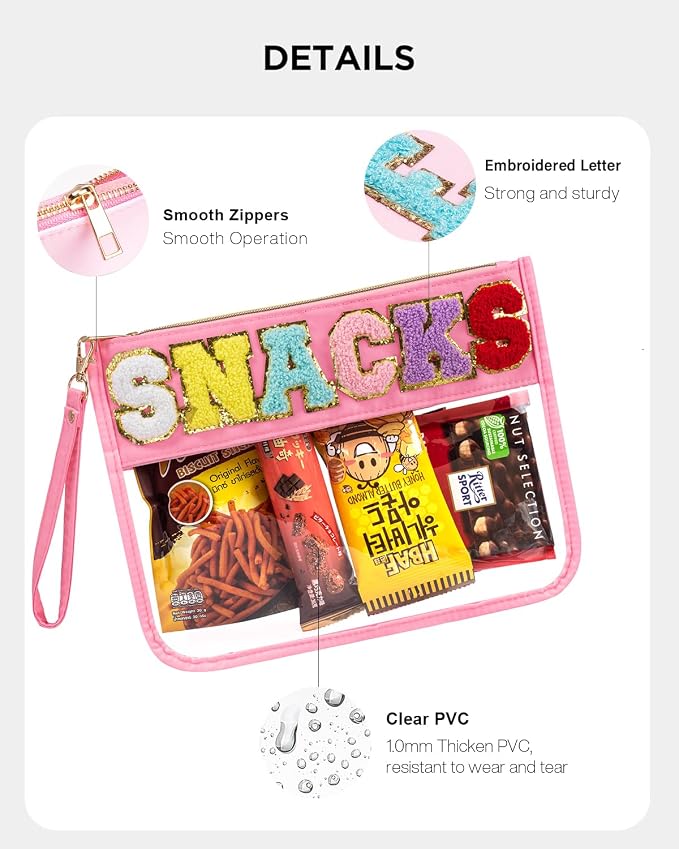Snack Bag Clear Makeup Bag, Chenille Letter Clear Zipper Pouch Nylon Cosmetic - Image 4