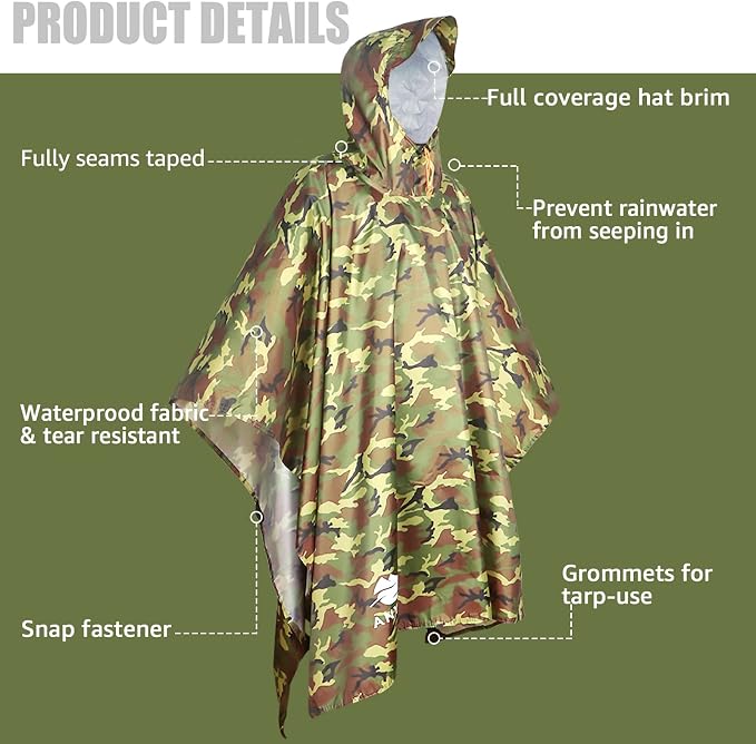 ANYOO Hooded Rain Poncho for Adults Waterproof Lightweight Rain Coat for Men - Image 2